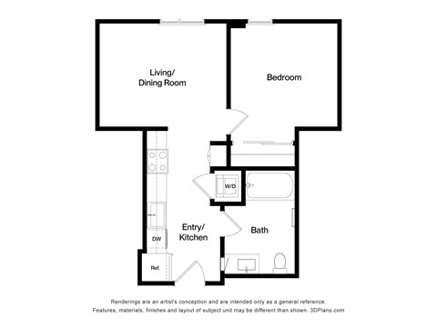 Floor plan for 1 bed, 1 bath, 494 sqft